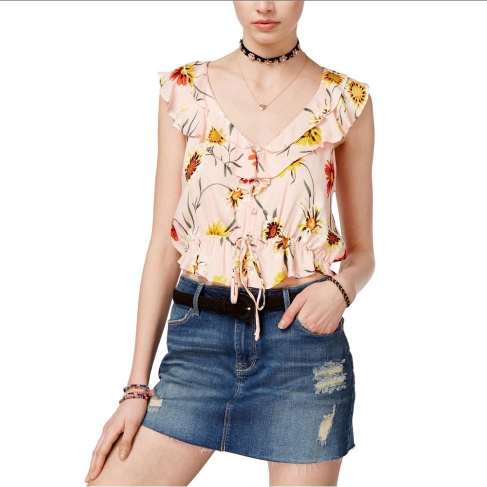 American Rag Pink Floral Ruffle Button Front Top Spring Feminine Large Cottage
